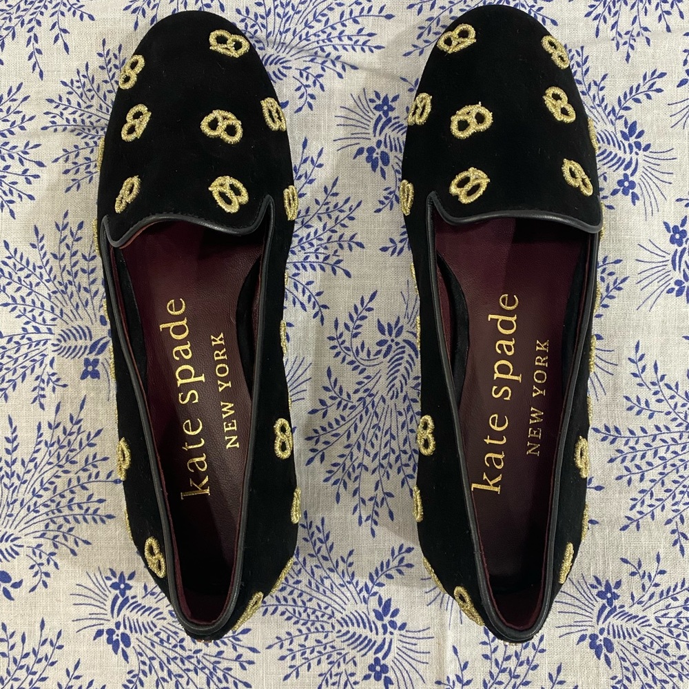 Kate Spade Lounge Embroidered Gold Mini Pretzel Leather Loafers Size 5 B